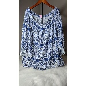 Lilly Pulitzer Off Shoulder Nita Coverup Pom Pom Blue White Elephant Print